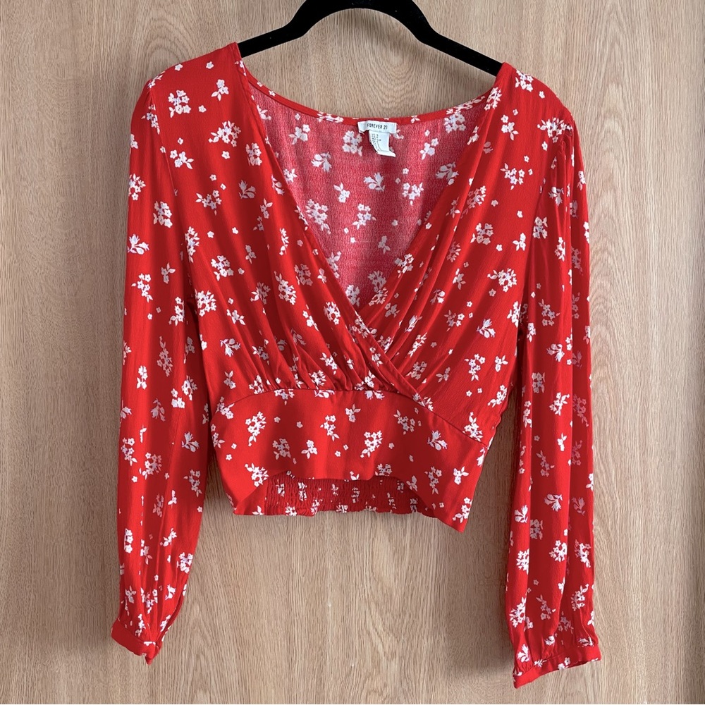 Forever 21 Red Floral Plunging Crop Top